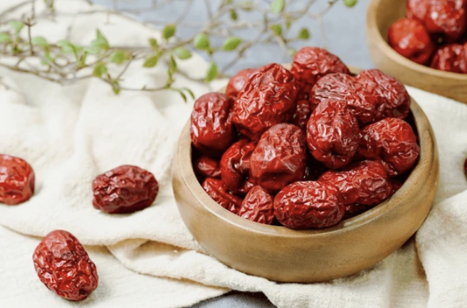 Dried red jujube dates in a bowl