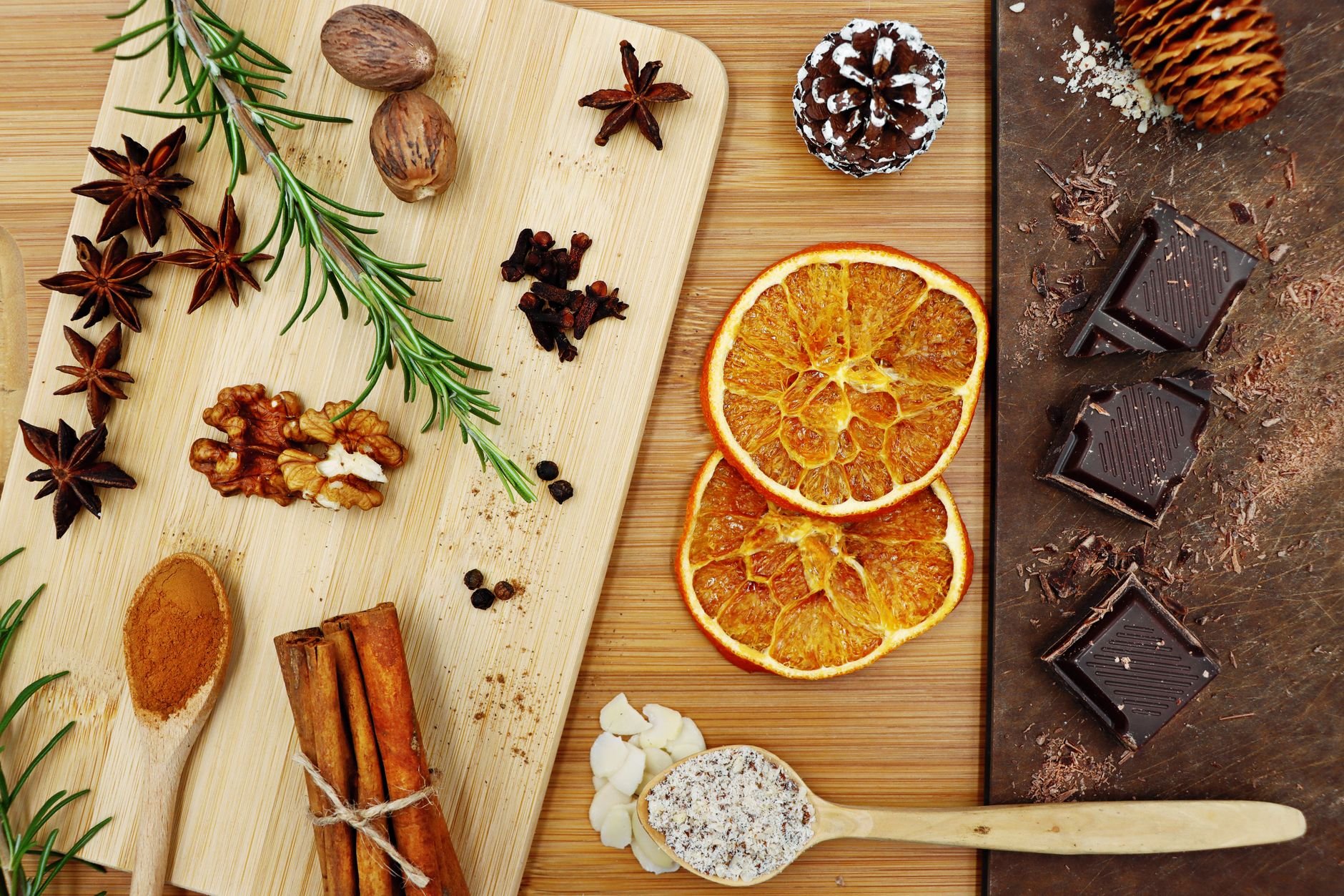 Assortment of magnesium-rich foods on a rustic wooden table (spinach, almonds, avocado, dark chocolate) - Magnesium for sleep